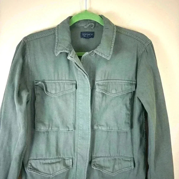 Topshop Green Military Safari 100% Cotton 4 Pocket Button Down Jacket Size 4 - Picture 4 of 16